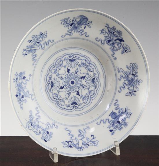 A Chinese blue and white Bajixiang shallow ogee-shaped bowl, Daoguang mark and period, diameter 20.5cm, faults